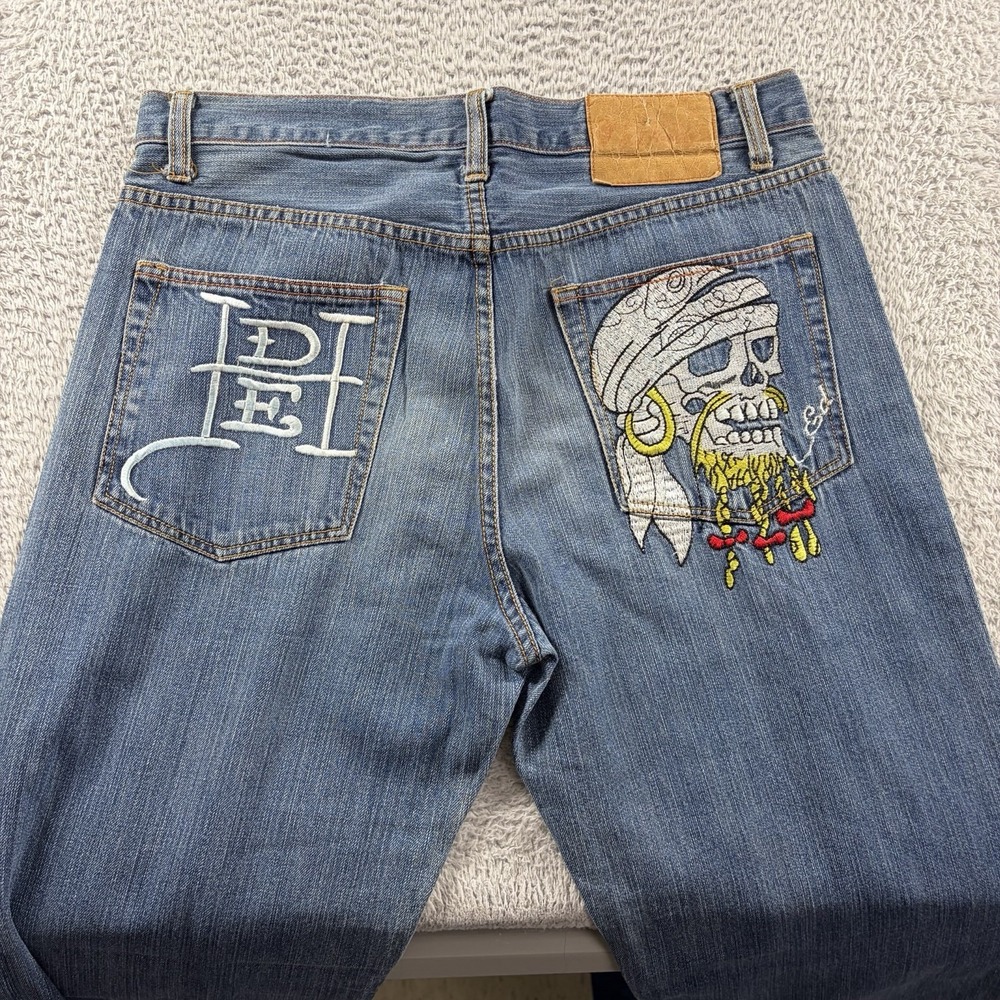 Ed Hardy Jeans Mens 36x34 Blue Baggy Loose Fit Y2K Retro Embroidered Patch Skull